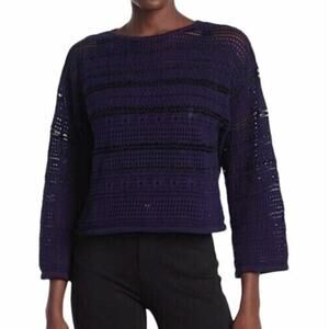 Ceny Women's Crochet Crop Open Knit Wide Sleeve Pullover Navy Small MSRP $58